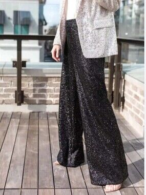 Banana Republic Pull On Black Sequin Pant High-Rise Wide-Leg Women's Size XL